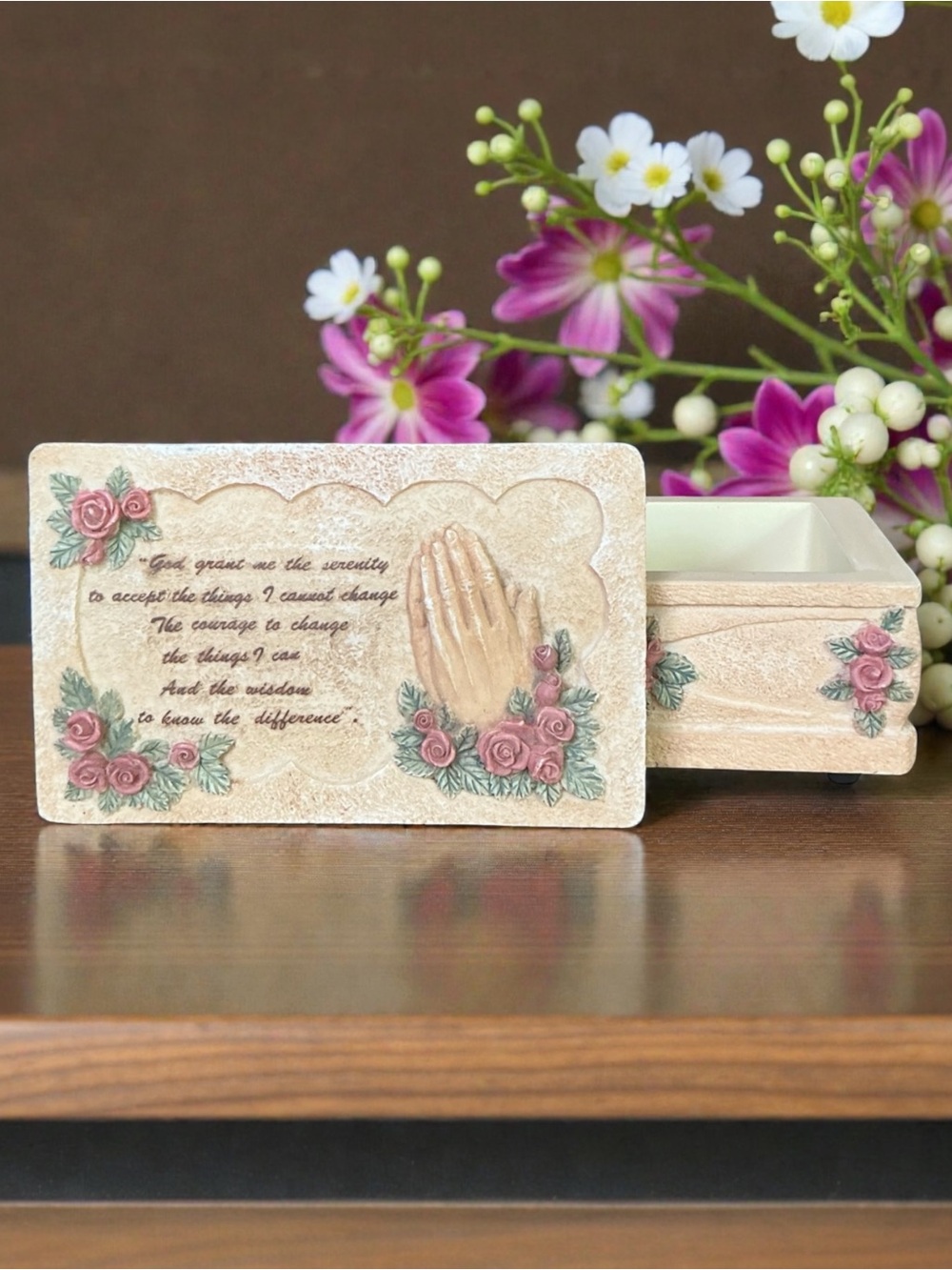 Vintage Resin Serenity Prayer Trinket Music Box Decorated w/ Roses Praying Hands